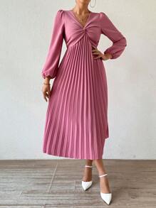 Chiquease Vestido de manga farol con cuello en V, plisado y retorcido, para primavera/otoño
