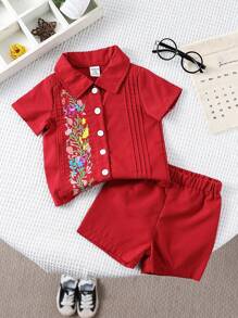 2 件装男婴时尚刺绣领短袖衬衫和短裤套装，夏季 - 紅色 - 查看 1
