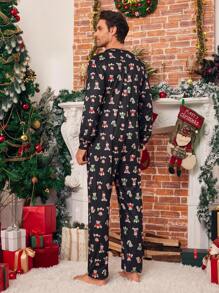SHEIN Men's Black Simple Full Print Cute Bear Pattern Long Sleeve Casual Pajamas For Christmas - Black - View 2