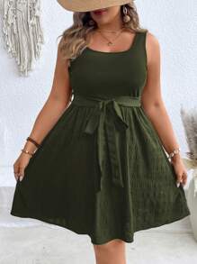 SHEIN VCAY Váy chắp vá không tay cổ chữ U cỡ lớn - xanh quân đội - Xem 7