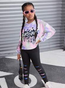 SHEIN Conjunto De Sudadera Teñida Anudada Y Leggings Rasgados Con Estampado De Salpicaduras De Tinta De Corte Holgado Para Niña Tween, Invierno - Morado - Ver 1