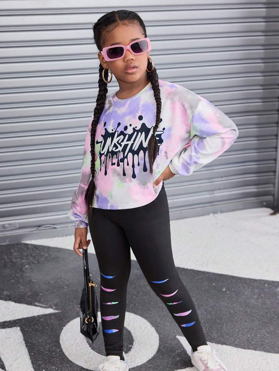 SHEIN Conjunto De Sudadera Teñida Anudada Y Leggings Rasgados Con Estampado De Salpicaduras De Tinta De Corte Holgado Para Niña Tween, Invierno - Morado - Ver 1
