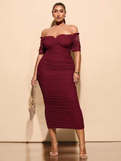 SHEIN BAE Plus Size Dam Elegant Stretchig Mesh One-Shoulder Rynkade Midiklänning, Födelsedagsklänningar För Damer, Eleganta Festklänningar