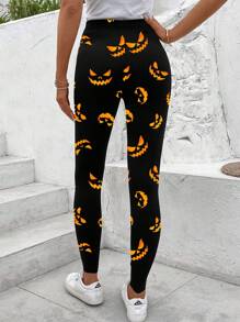 SHEIN LUNE سراويل نسائية بتصميم نحيف بنمط عنصر هالوين، طراز كاجوال وبسيط، مناسبة للخريف والشتاء - متعدد الألوان - مشاهدة 2