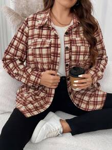 SHEIN LUNE Veste décontractée à manches longues, poches utilitaires, à carreaux, ample, pour femmes, tailles grandes, pour le printemps et l'automne, pour le port quotidien, les vacances de Thanksgiving - Multicolore - Voir 1