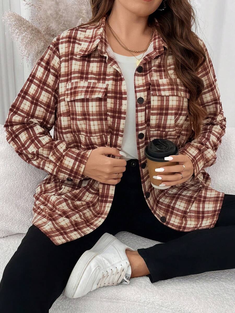SHEIN LUNE Veste décontractée à manches longues, poches utilitaires, à carreaux, ample, pour femmes, tailles grandes, pour le printemps et l'automne, pour le port quotidien, les vacances de Thanksgiving - Multicolore - Voir 1