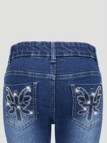 SHEIN Tween Girls Y2K Style Jeans, Girls' Dark Wash Blue Denim Pants With Sparkling Rhinestone Pocket Details, Fashionable & Stretchy Comfortable Skinny Flare Jeans - Dark Wash - View 3