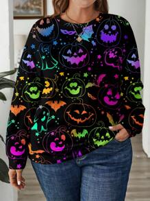 EMERY ROSE Plus Size Women's Simple Casual Halloween Glow-In-The-Dark Pumpkin & Bat Allover Print Sweatshirt, Autumn Winter Fall - Multicolor - View 3