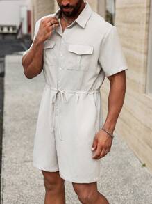 Manfinity Homme Plus Size Men's Casual Solid Color Drawstring Waist Romper