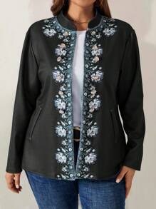 EMERY ROSE Plus Size Women's Blue Floral Printed Fall Jacket - Black - View 1