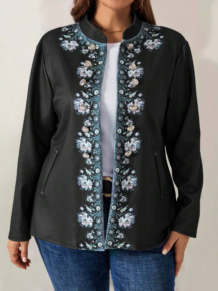 EMERY ROSE Plus Size Women's Blue Floral Printed Fall Jacket - Black - View 1