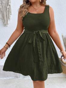 SHEIN VCAY Váy chắp vá không tay cổ chữ U cỡ lớn - xanh quân đội - Xem 5