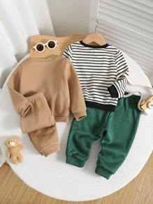 SHEIN 4pcs Baby Boys Autumn/Winter Cute 4 Pieces Set, Black & White Striped Patchwork Sweatshirt, Cartoon Bear Pattern Sweatshirt & Pants, Thicken Thermal Lined , Suitable For Indoor & Outdoor