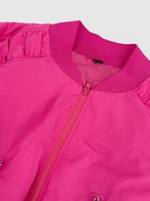Slaydiva Plus Size Zip Up Ruched Sleeve Padded Coat - Hot Pink - View 4