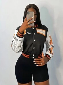 Slaydiva Nuevo uniforme casual de béisbol de otoño e invierno con logotipos y lemas en inglés impresos para mujeres, chaqueta negra ajustada de manga larga con contraste blanco para mujeres
