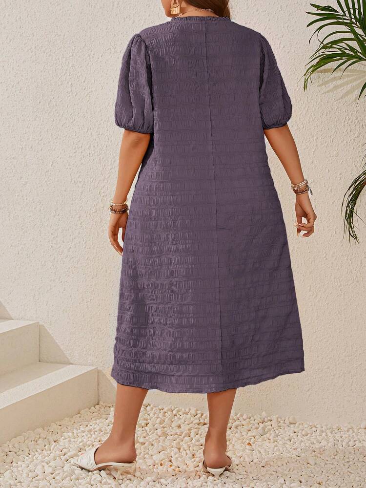Plus Size Women's Textures Ruffled Edge V-Neck Puff Sleeve Dress For Summer