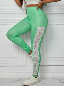 SHEIN LUNE Quần legging bó in khối màu giản dị cho nữ - màu xanh lá - Xem 1