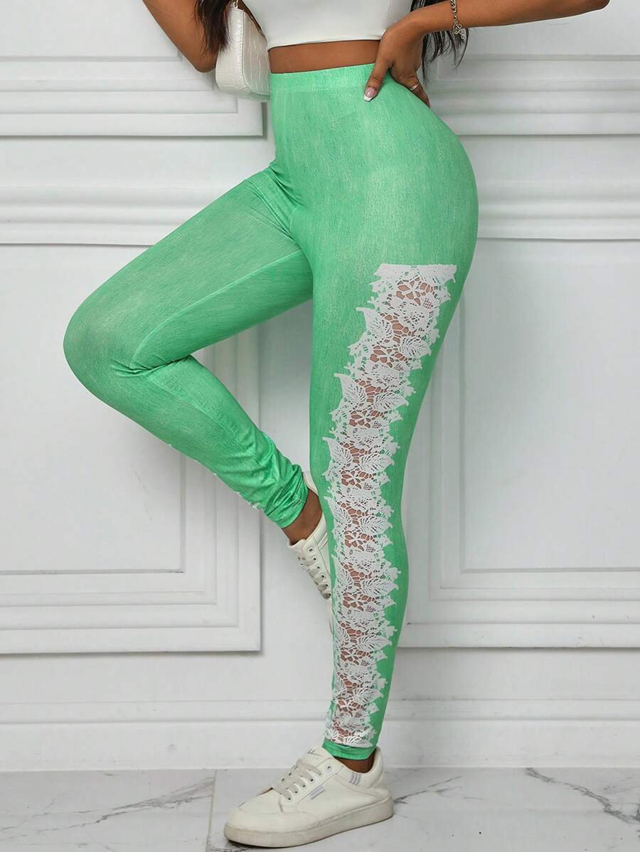 SHEIN LUNE Quần legging bó in khối màu giản dị cho nữ - màu xanh lá - Xem 1