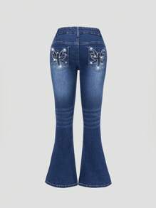 SHEIN Tween Girls Y2K Style Jeans, Girls' Dark Wash Blue Denim Pants With Sparkling Rhinestone Pocket Details, Fashionable & Stretchy Comfortable Skinny Flare Jeans - Dark Wash - View 1