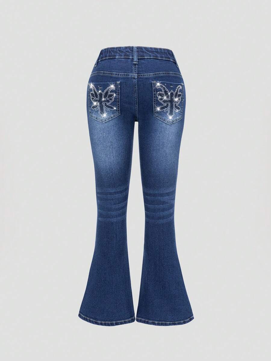 SHEIN Tween Girls Y2K Style Jeans, Girls' Dark Wash Blue Denim Pants With Sparkling Rhinestone Pocket Details, Fashionable & Stretchy Comfortable Skinny Flare Jeans - Dark Wash - View 1