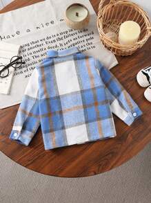 SHEIN Playful Pals 男婴休闲蓝白对比格子口袋装饰夹克，长袖外套适合秋冬季户外穿着或日常休闲穿着 - 可爱时尚的配色经典夹克 - 藍色 - 查看 2