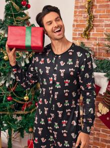 SHEIN Men's Black Simple Full Print Cute Bear Pattern Long Sleeve Casual Pajamas For Christmas - Black - View 4