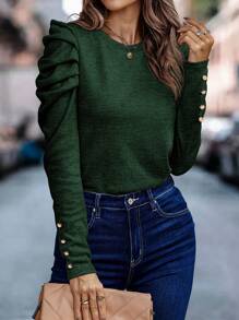 EMERY ROSE Women's Solid Color Minimalist Crew Neck Long Sleeve T-Shirt, Everyday Wear