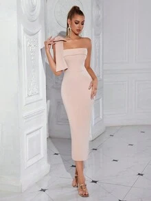 Elisanya Đầm dạ hội/dạ tiệc dáng midi, màu trơn, lệch vai, đính nơ, xẻ tà, màu trơn, thích hợp cho tiệc cocktail hoặc bán formal. - Màu be - Xem 6