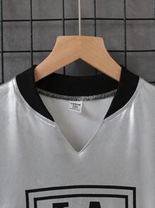 SHEIN 青少年男孩街头服饰数字和英文字母印花长袖运动衫 - 銀色 - 查看 3