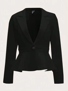 SHEIN Clasi 秋冬女士加大码优雅通勤荷叶边黑色西装外套 - 黑色 - 查看 3