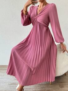 Chiquease Vestido de manga farol con cuello en V, plisado y retorcido, para primavera/otoño
