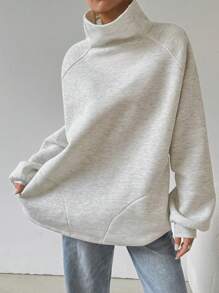 SHEIN EZwear 休闲高领宽松运动衫，秋冬 - 灰色 - 查看 4