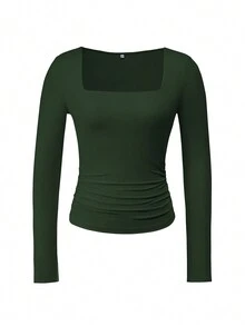 Vaiaye Damen Frühling/Sommer Y2K Quadratischer Ausschnitt Langarm Figurbetontes T-Shirt, einfarbiges sexy Top, geeignet für den Valentinstag - Armeegrün - Übersicht 3