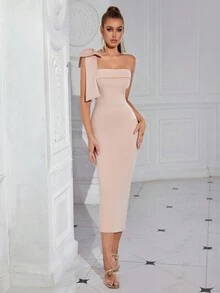 Elisanya Đầm dạ hội/dạ tiệc dáng midi, màu trơn, lệch vai, đính nơ, xẻ tà, màu trơn, thích hợp cho tiệc cocktail hoặc bán formal. - Màu be - Xem 5