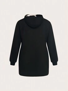 Slaydiva Plus Graphic Print Kangaroo Pocket Drawstring Hoodie Dress - Black - View 2