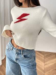 Flirla 女式休闲闪电图案圆领长袖毛衣，适合秋冬季 - 杏色 - 查看 4
