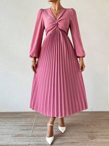 Chiquease Vestido de manga farol con cuello en V, plisado y retorcido, para primavera/otoño