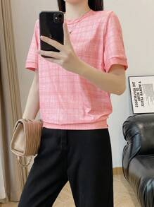 SHEIN Unity Women Plain Simpile Round Neck Short Sleeve T-Shirt - Pink - View 3