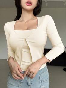 DAZY Women's 2 In 1 Long Sleeve T-Shirt,Fall Clothes,Back To School Clothes - Beige - View 3