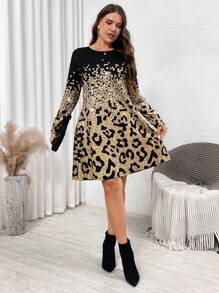 SHEIN LUNE Plus Size Women Leopard Ombre Print Crew Neck Long Sleeve Casual Dress Business Casual Holiday Party Dresses For Women Dress - Multicolor - View 6