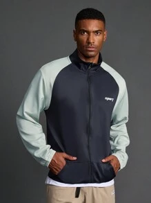 Manfinity Sport Corelite Chaqueta deportiva casual de estilo novio con cremallera delantera, manga larga, parches de color contrastante. Ropa para ir al colegio, gimnasio, senderismo. Camiseta básica de manga corta con cremallera