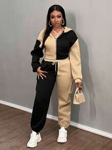 Slaydiva 2pcs Women Contrast Color Zipper Front Hooded Jacket & Cargo Pocket Pants Set, Spring Autumn - Black - View 4