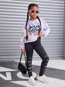 SHEIN Conjunto De Sudadera Teñida Anudada Y Leggings Rasgados Con Estampado De Salpicaduras De Tinta De Corte Holgado Para Niña Tween, Invierno - Morado - Ver 6