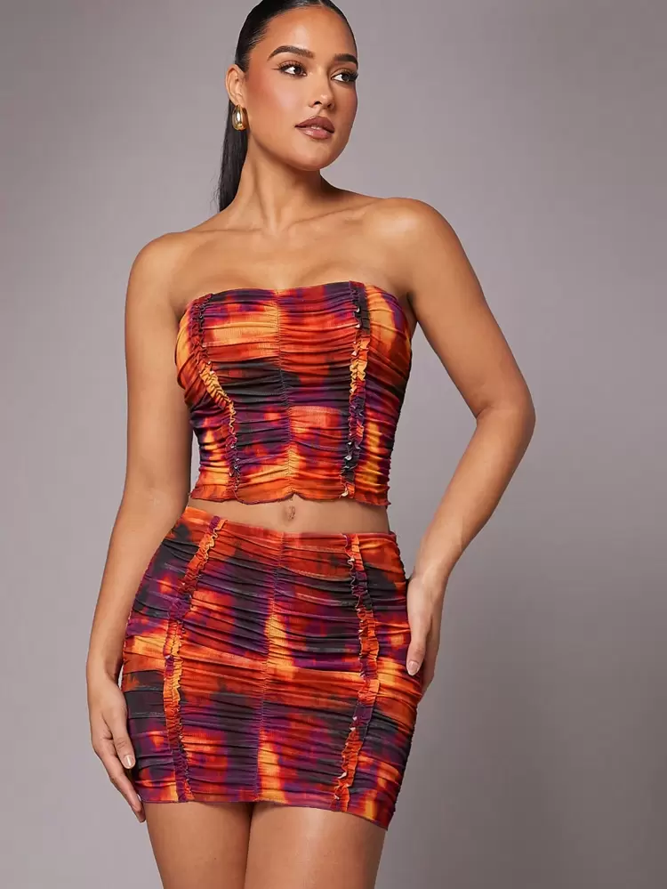 Tie Dye Ruched Tube Top & Skirt Two Piece Set