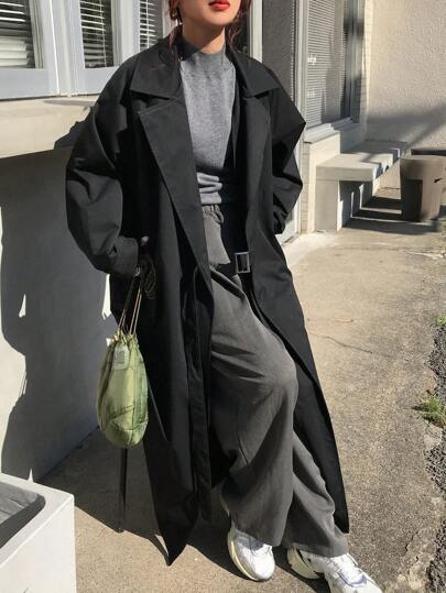 FRIFUL 女士宽松中长款纯色风衣，秋冬女式外套