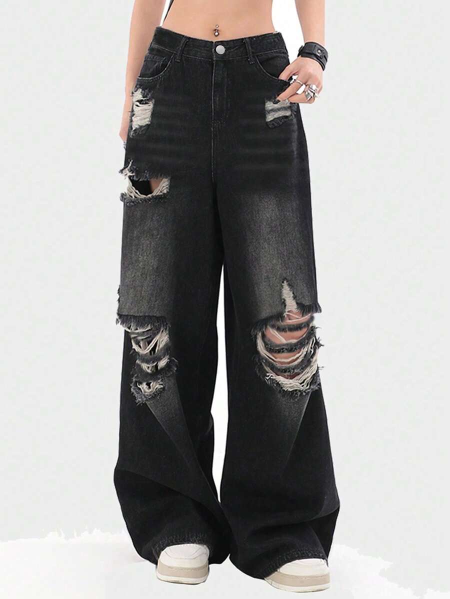 Ripped Wide Leg Jeans,Ladies Button,Pocket,Ripped,Zipper Natural Wide Leg Extra Long Black Boyfriend Fit Loose Women Jeans,Spring/Fall,Casual Daily Wear
