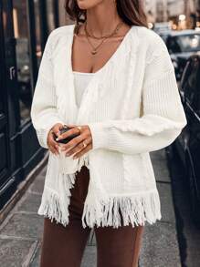 SHEIN Clasi Elegante cárdigan suelto con cuello en V, cintura con lazo y diseño con flecos para mujeres