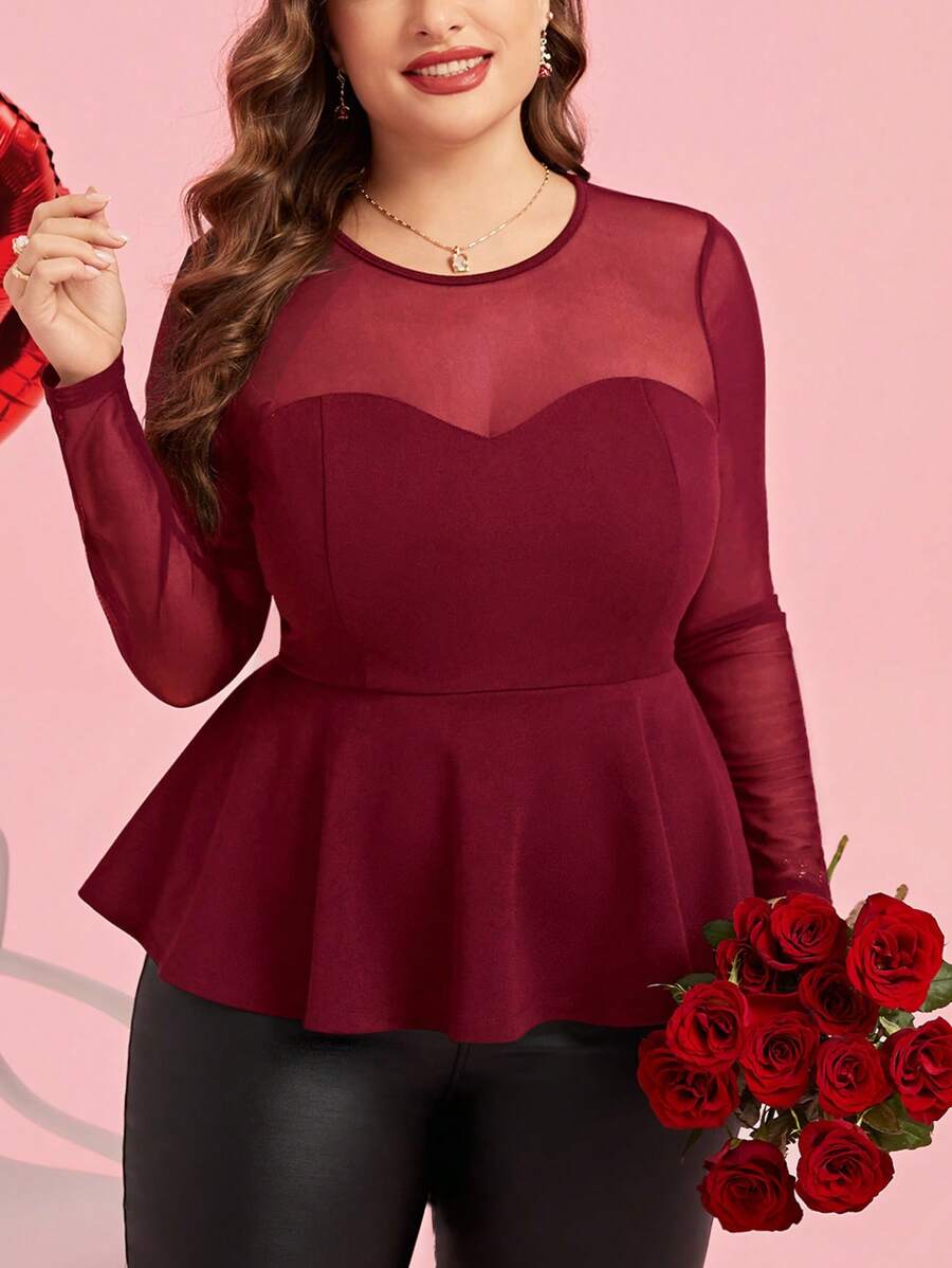 SHEIN Clasi 大码女式网眼荷叶边下摆黑色春季婚礼红色 T 恤 - 玫瑰紅 - 查看 1