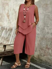 EMERY ROSE 大码女式简约桃花心木无袖上衣和七分裤 2 件套 - 紅木色 - 查看 6