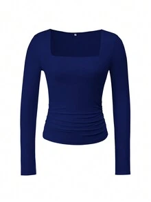 Vaiaye 女士春夏 Y2K 方领长袖修身 T 恤，纯色性感上衣，适合情人节休闲穿着 - 藏蓝色 - 查看 3